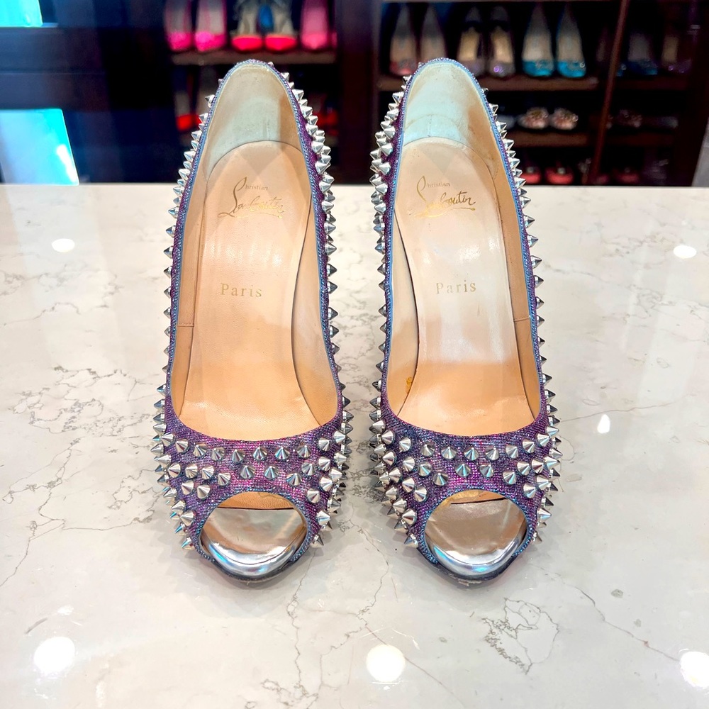 Christian Louboutin ‘Flo Spikes 120 Lame’ Turquoise/Violet Peep Toe Pumps 37.5